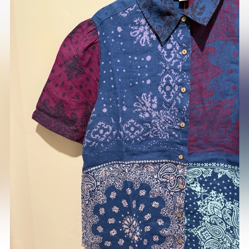 NWT Sundance Linen Patchwork Design Boho Button Up Short Sleeve - Picture 5 of 7